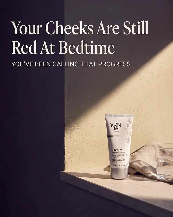 Ad for a sensitive-skin cream. Headline: Your cheeks are still red at bedtime. You’ve been calling that progress. The tube stands on a stone ledge in a beam of evening light.